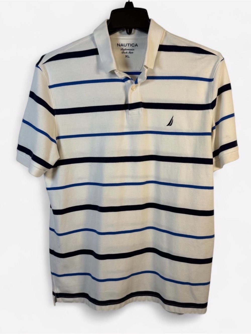 Nautica Men’s White Polo with Blue & Navy Stripes XL
